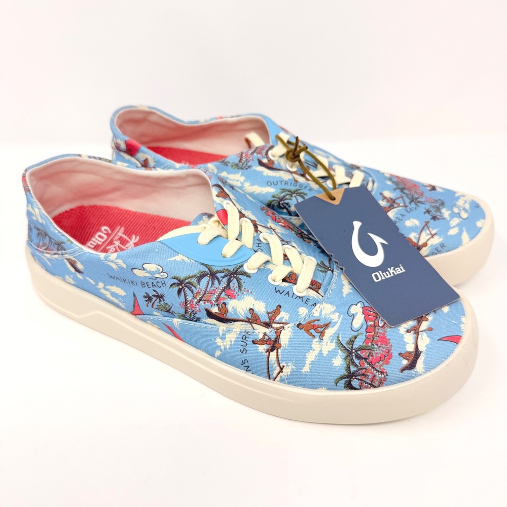 OluKai Kahala Tradewind Mens 8.5 Sneakers Ocean Spray Blue Tropical Map NEW